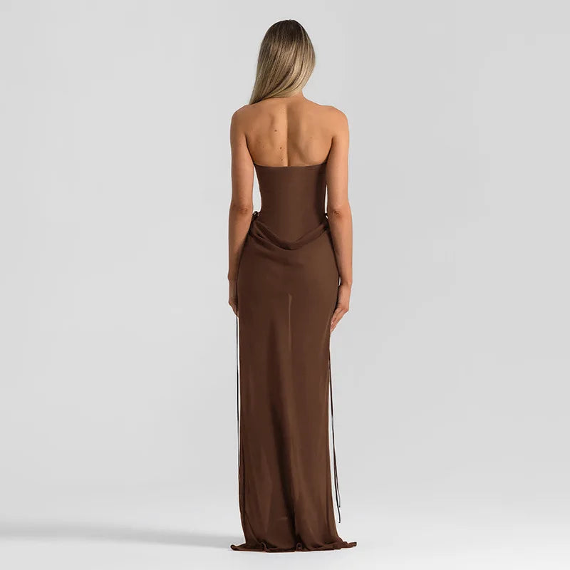Tornova Elegant Strapless Long Dress Fashion Splice Women's Sleeveless Banquet Dress Lace Up High Waist Bodycon Dress Female